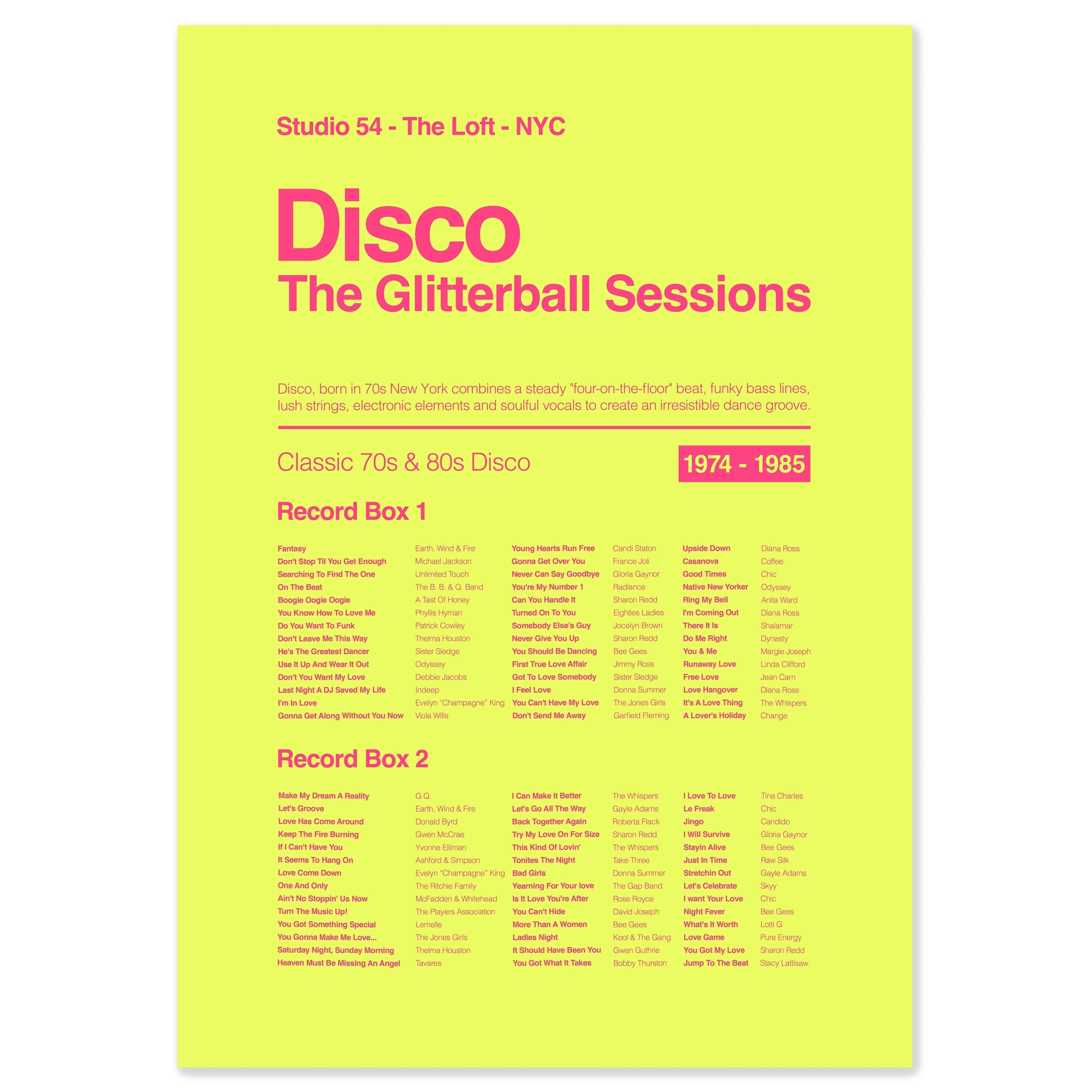 Disco music tracklist print featuring iconic 1970s disco tracks and artists inspired by classic club and dancefloor culture