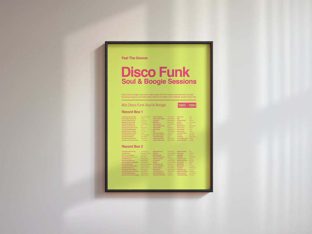70s and 80s Disco Soul Funk and Boogie print in a black frame on a white wall with natural diagonal shadows adding depth. Suitable for A1, A2 and A3 sizes. Acid yellow background with electric pink text (Mockup M03).
