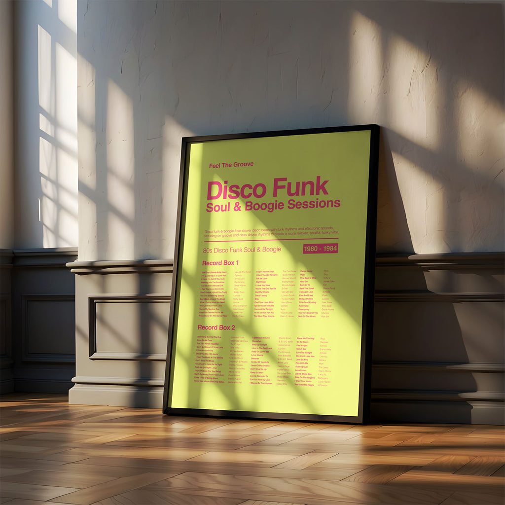 70s and 80s Disco Soul Funk and Boogie print in a black frame leaning against a white wall with grey skirting boards and soft diffused shadow patterns. Suitable for A1, A2 and A3 sizes. Acid yellow background with electric pink text (Mockup M11).