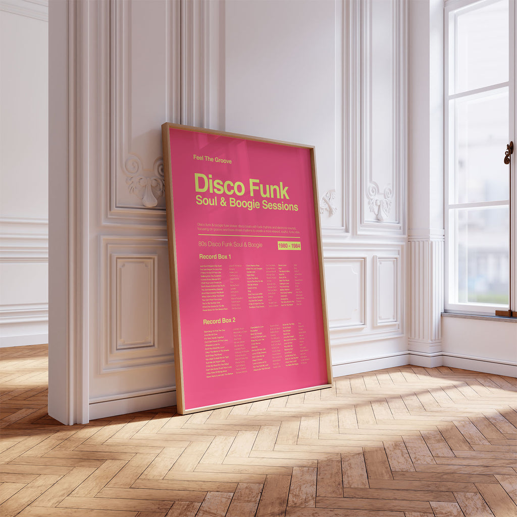 70s and 80s Disco Soul Funk and Boogie print in a pine frame displayed at a slight angle against a white ornate wall with bright soft light. Suitable for A1, A2 and A3 sizes. Electric pink background with acid yellow text (Mockup M02).