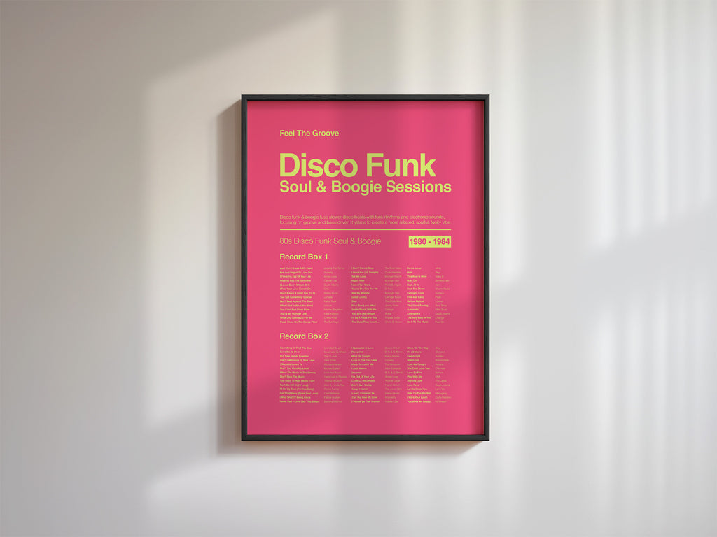 70s and 80s Disco Soul Funk and Boogie print in a black frame on a white wall with clean angled shadows from window light. Suitable for A1, A2 and A3 sizes. Electric pink background with acid yellow text (Mockup M03).