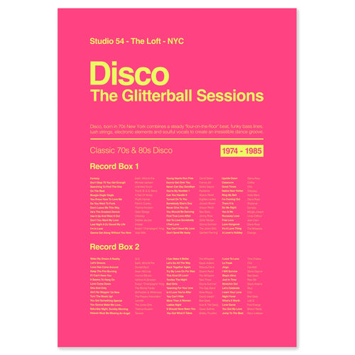 70s disco music print inspired by Studio 54 in electric pink, featuring iconic disco era tracks and dancefloor culture