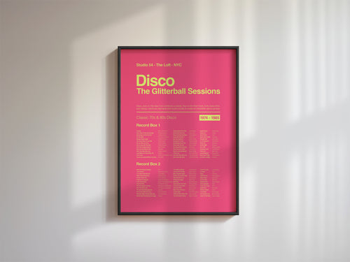 70s Disco music print in a black frame against a white wall illuminated with diagonal window shadowing. Suitable for A1, A2 and A3 sizes. Electric pink background with acid yellow text (Mockup M03).