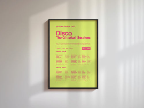 70s Disco music print displayed in a black frame against a white wall with clean angled window shadows. Suitable for A1, A2 and A3 sizes. Acid yellow background with electric pink text (Mockup M03).