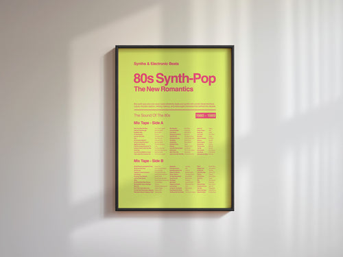 80s Synth Pop music print in a black frame displayed on a white wall with bold angled window shadows adding depth. Suitable for A1, A2 and A3 sizes. Acid yellow background with electric pink text (Mockup M03).