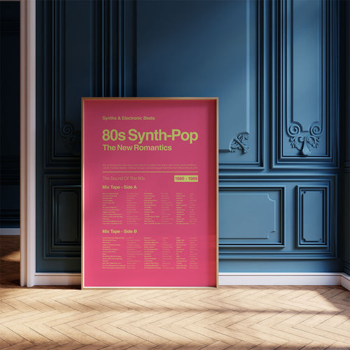 80s Synth Pop music print in a pine frame leaning against a navy ornate wall with gentle natural light. Suitable for A1, A2 and A3 sizes. Electric pink background with acid yellow text (Mockup M01).