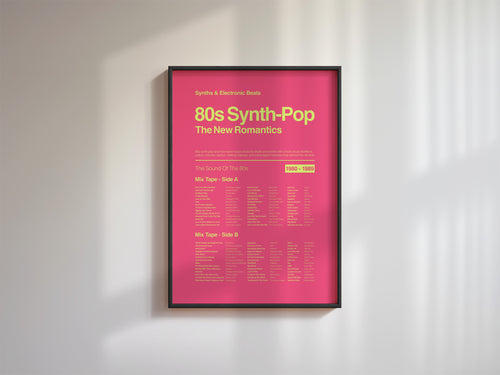 80s Synth Pop music print in a black frame on a white wall with angled window shadows creating a dramatic effect. Suitable for A1, A2 and A3 sizes. Electric pink background with acid yellow text (Mockup M03).