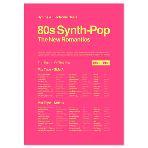 80s synth pop New Romantics music print in electric pink celebrating iconic electronic pop and fashion-led club culture