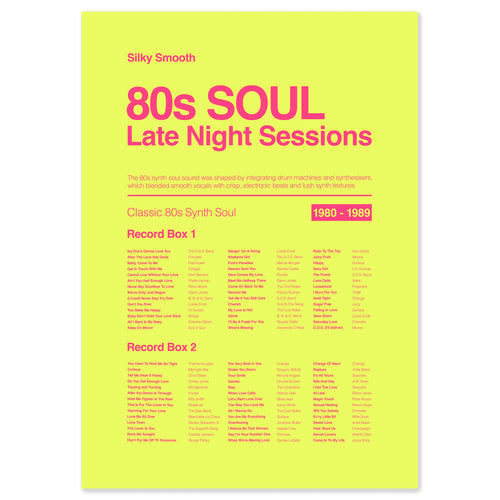 80s synth soul music print in acid yellow inspired by late-night electronic soul and smooth club sounds