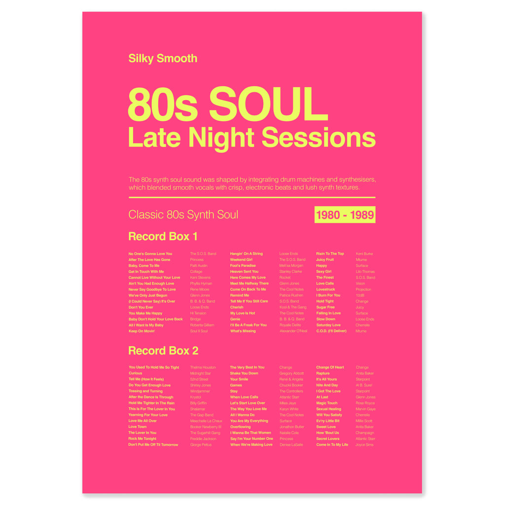 80s synth soul music print in electric pink celebrating soulful vocals, synth textures, and late-night club culture