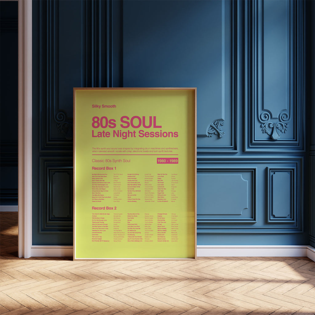 80s Synth Soul music print in a pine frame leaning against a navy ornate wall with soft natural daylight. Suitable for A1, A2 and A3 sizes. Acid yellow background with electric pink text (Mockup M01).