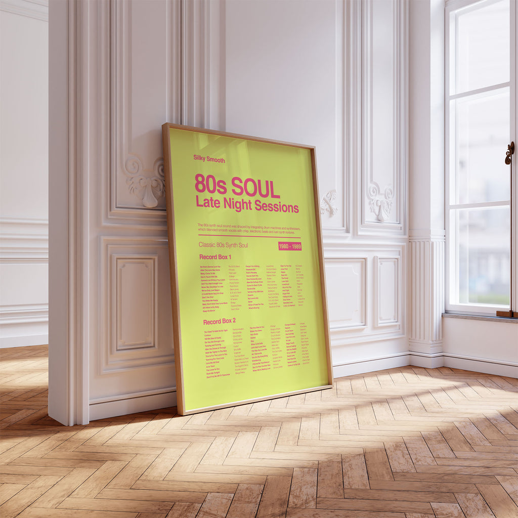 80s Synth Soul music print in a pine frame at a slight angle against an ornate white wall with bright soft natural light. Suitable for A1, A2 and A3 sizes. Acid yellow background with electric pink text (Mockup M02).