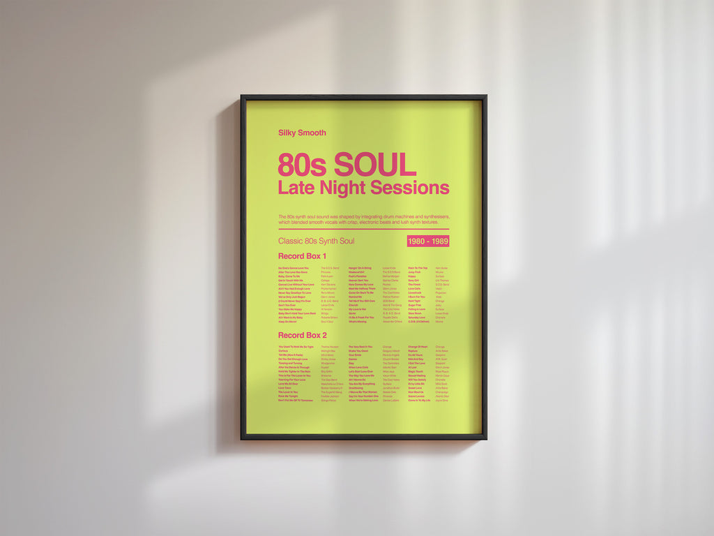 80s Synth Soul music print in a black frame on a white wall with diagonal window shadows adding depth. Suitable for A1, A2 and A3 sizes. Acid yellow background with electric pink text (Mockup M03).