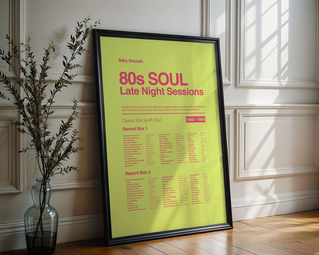 80s Synth Soul music print in a black frame leaning against an ornate white wall with soft reflective window highlights. Suitable for A1, A2 and A3 sizes. Acid yellow background with electric pink text (Mockup M07).