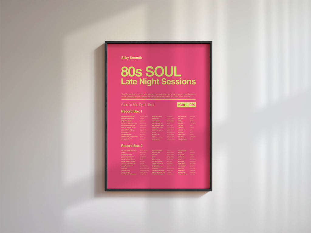 80s Synth Soul music print in a black frame on a white wall with angled shadow lines from window light. Suitable for A1, A2 and A3 sizes. Electric pink background with acid yellow text (Mockup M03).