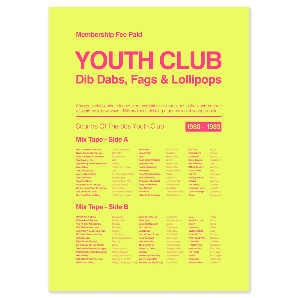80s youth club music print in acid yellow inspired by youth club nights, retro sweets, and classic dance tracks