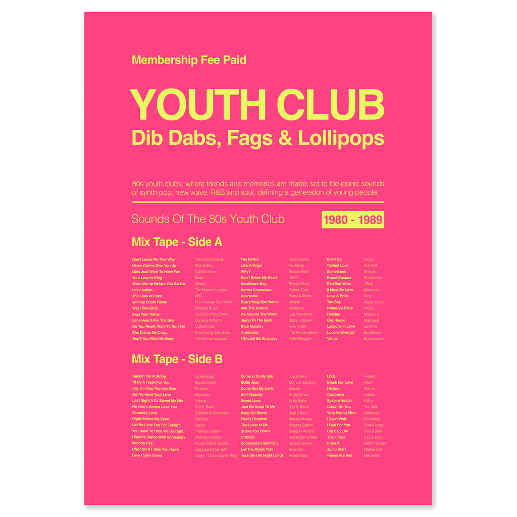 80s youth club music print in electric pink celebrating youth club culture, nostalgia, and classic 80s tracks