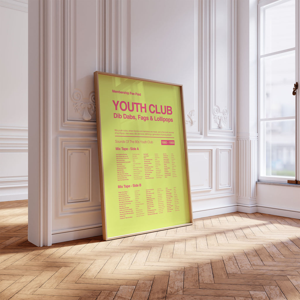 80s Youth Club music print in a pine frame at a slight angle against a decorative white wall with soft bright daylight. Suitable for A1, A2 and A3 sizes. Acid yellow background with electric pink text (Mockup M02).