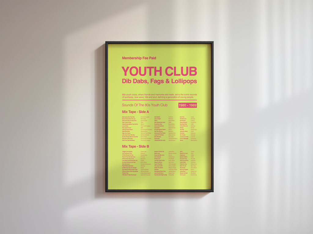 80s Youth Club music print in a black frame on a white wall with bold angled window shadows adding depth to the scene. Suitable for A1, A2 and A3 sizes. Acid yellow background with electric pink text (Mockup M03).