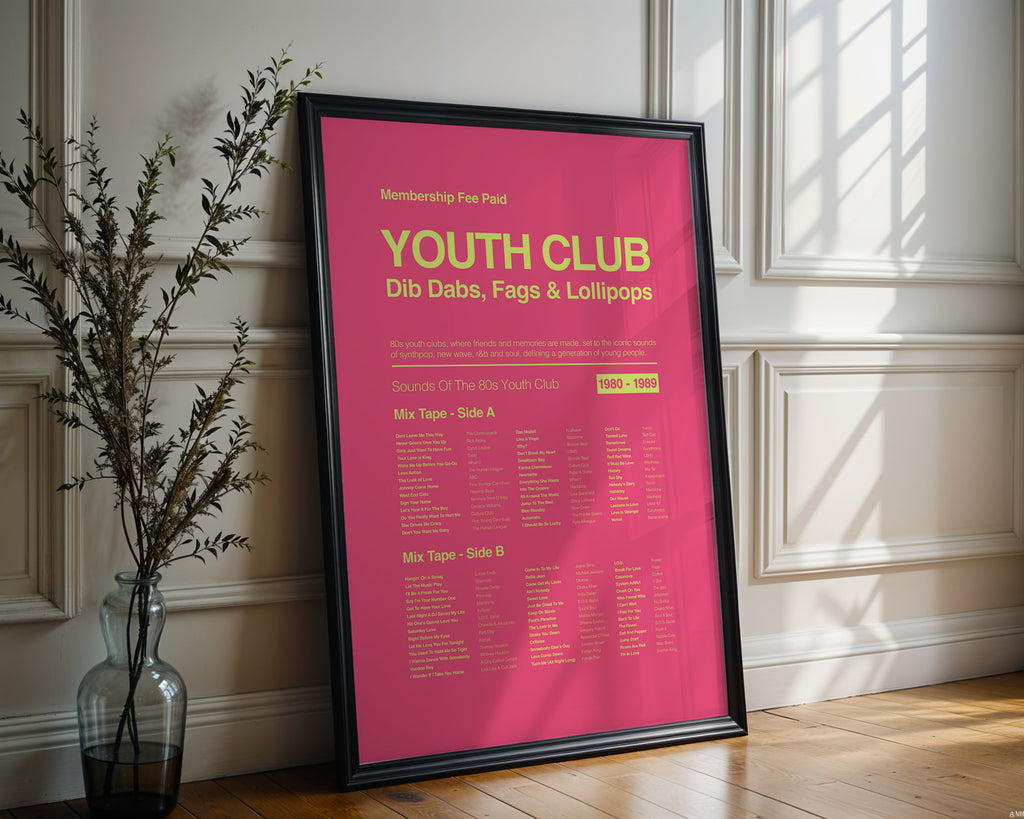 80s Youth Club music print in a black frame against an ornate white wall with bold reflective highlights and strong angled shadows. Suitable for A1, A2 and A3 sizes. Electric pink background with acid yellow text (Mockup M07).