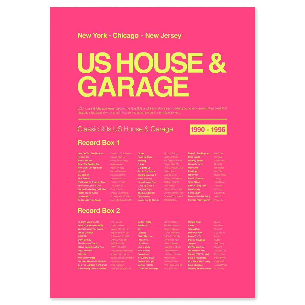 90s US house and garage music print in electric pink inspired by classic American club and dancefloor sounds