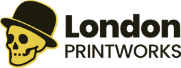 London Printworks Retro Music Posters Logo with a skull wearing a black hat with yellow text.