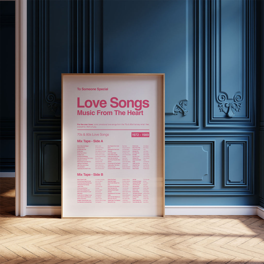 Framed poster titled 'Love Songs Music From The Heart' on a blue paneled wall.