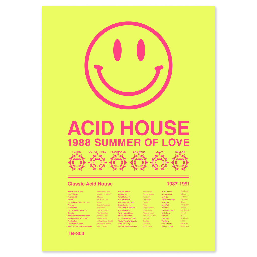 Acid house 1988 smiley face tracklist print celebrating the Second Summer of Love and UK rave culture