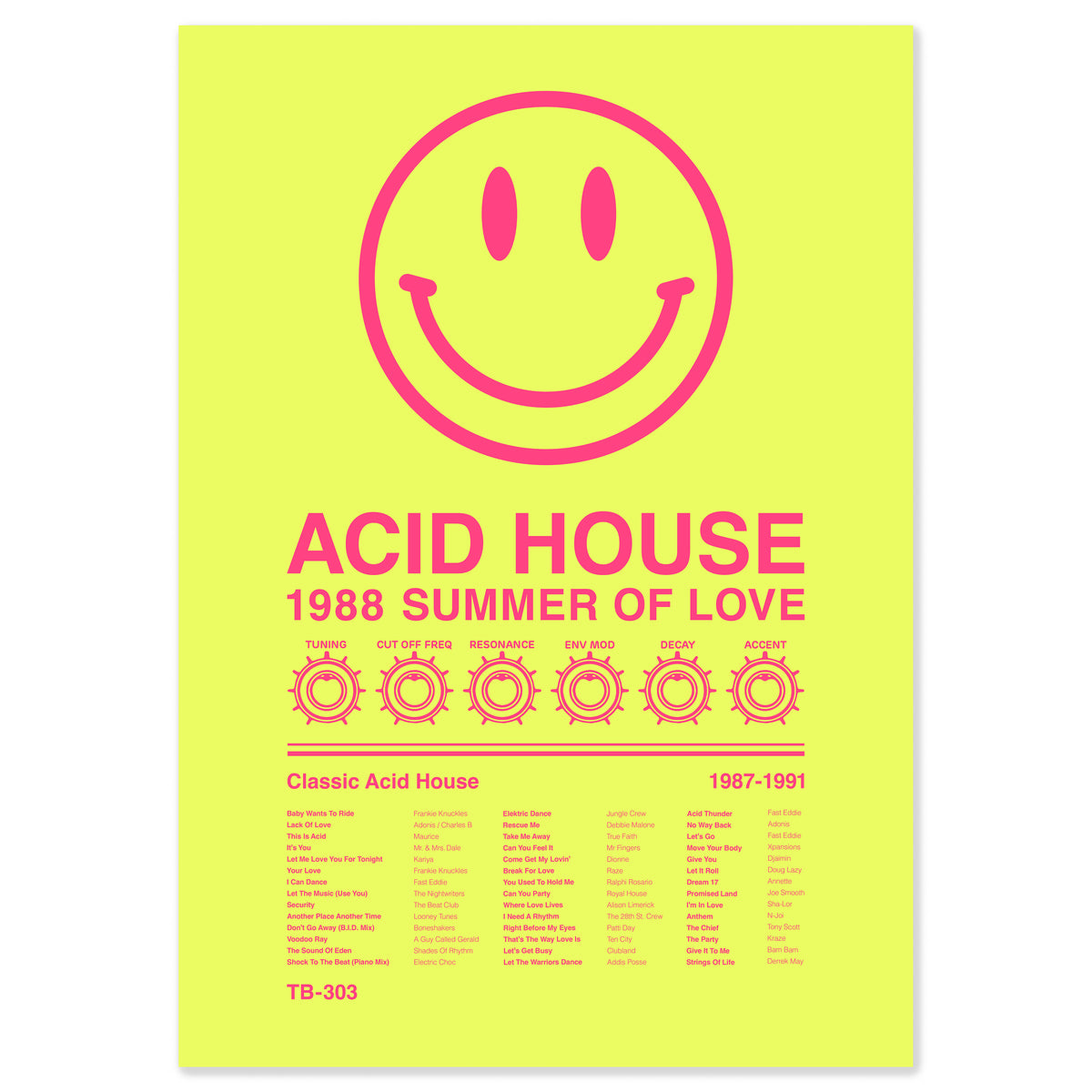 Acid house 1988 smiley face tracklist print celebrating the Second Summer of Love and UK rave culture