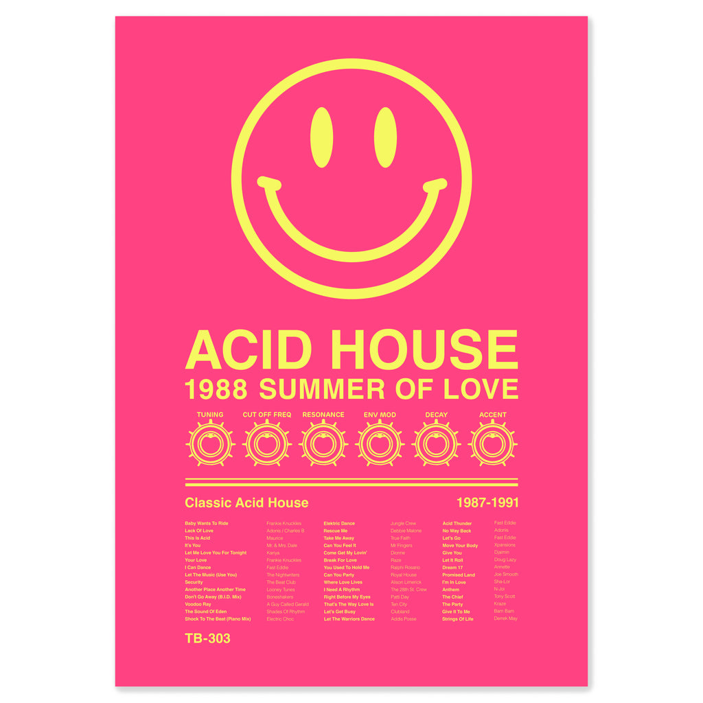Acid house 1988 smiley face tracklist print in acid yellow, inspired by the Second Summer of Love, UK warehouse raves, and late-80s underground dance culture
