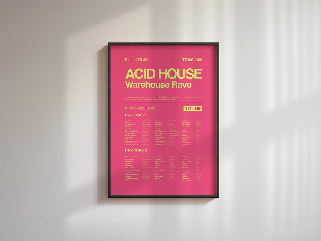 Acid House Rave music print in a black frame against a white wall with diagonal window shadows adding depth to the scene. Suitable for A1, A2 and A3 sizes. Electric pink background with acid yellow text (Mockup M03).