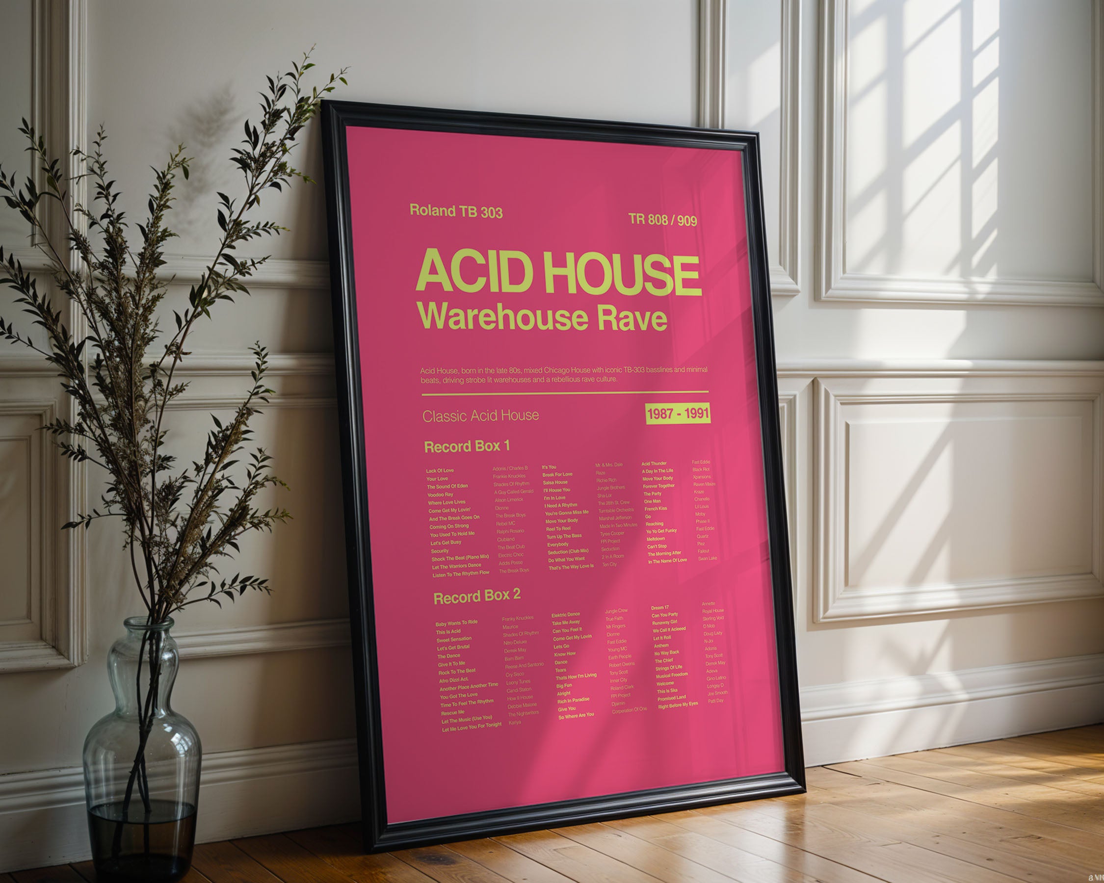 Acid House Rave music print in a black frame leaning against an ornate white wall with bright reflective highlights. Suitable for A1, A2 and A3 sizes. Electric pink background with acid yellow text (Mockup M07).
