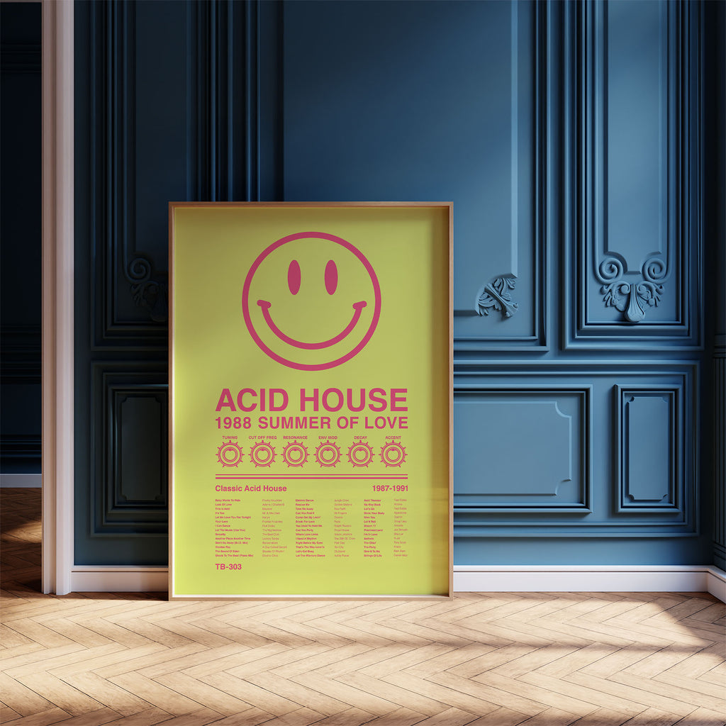 Acid House Smiley Face music print in a pine frame leaning against a navy ornate wall with soft natural light. Suitable for A1, A2 and A3 sizes. Acid yellow background with electric pink text (Mockup M01).