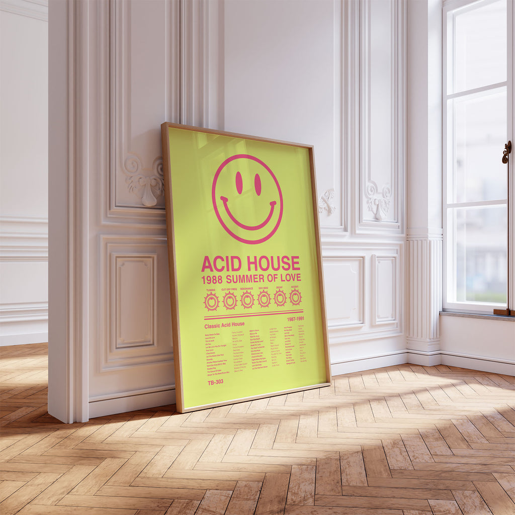 Acid House Smiley Face music print in a pine frame against an ornate white wall at a slight angled view with bright natural light. Suitable for A1, A2 and A3 sizes. Acid yellow background with electric pink text (Mockup M02).