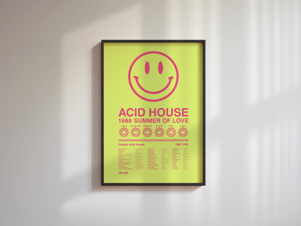 Acid House Smiley Face music print in a black frame hanging on a white wall with diagonal window shadows creating a soft atmospheric look. Suitable for A1, A2 and A3 sizes. Acid yellow background with electric pink text (Mockup M03).