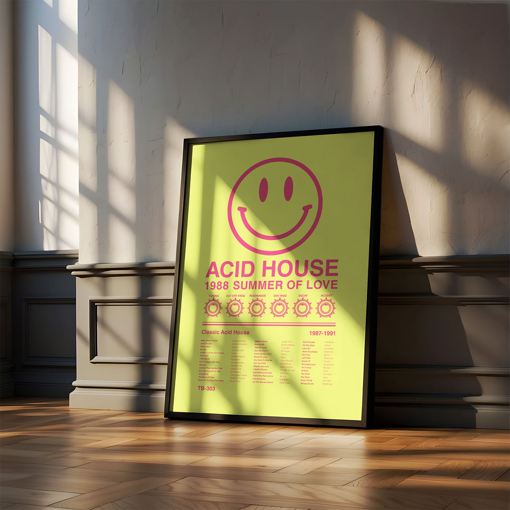 Acid House Smiley Face music print in a black frame leaning on a white wall with tall grey skirting boards and strong angled window shadows falling across the wall. Suitable for A1, A2 and A3 sizes. Acid yellow background with electric pink text (Mockup M11).