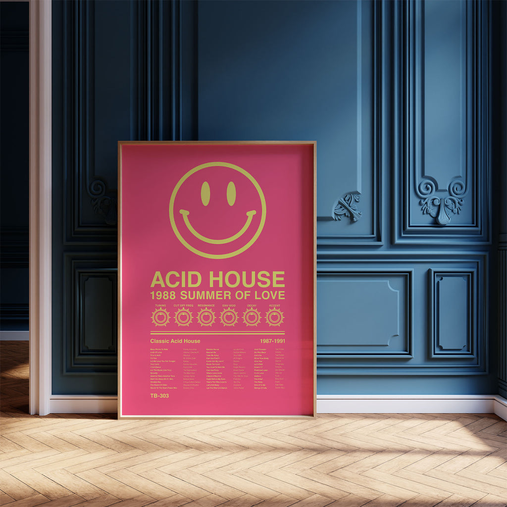 Acid House Smiley Face music print in a pine frame leaning against a navy ornate wall with clean natural light. Suitable for A1, A2 and A3 sizes. Electric pink background with acid yellow text (Mockup M01).