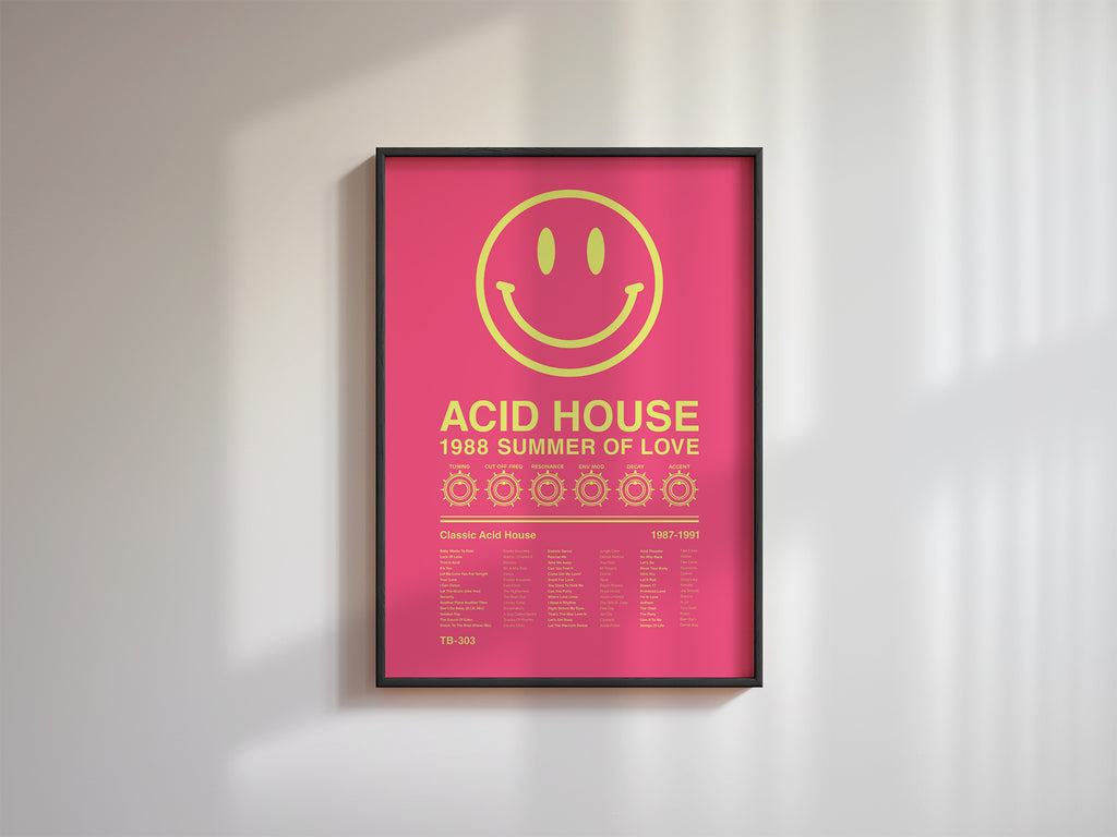 Acid House Smiley Face music print in a black frame on a white wall with diagonal window shadows adding depth. Suitable for A1, A2 and A3 sizes. Electric pink background with acid yellow text (Mockup M03).