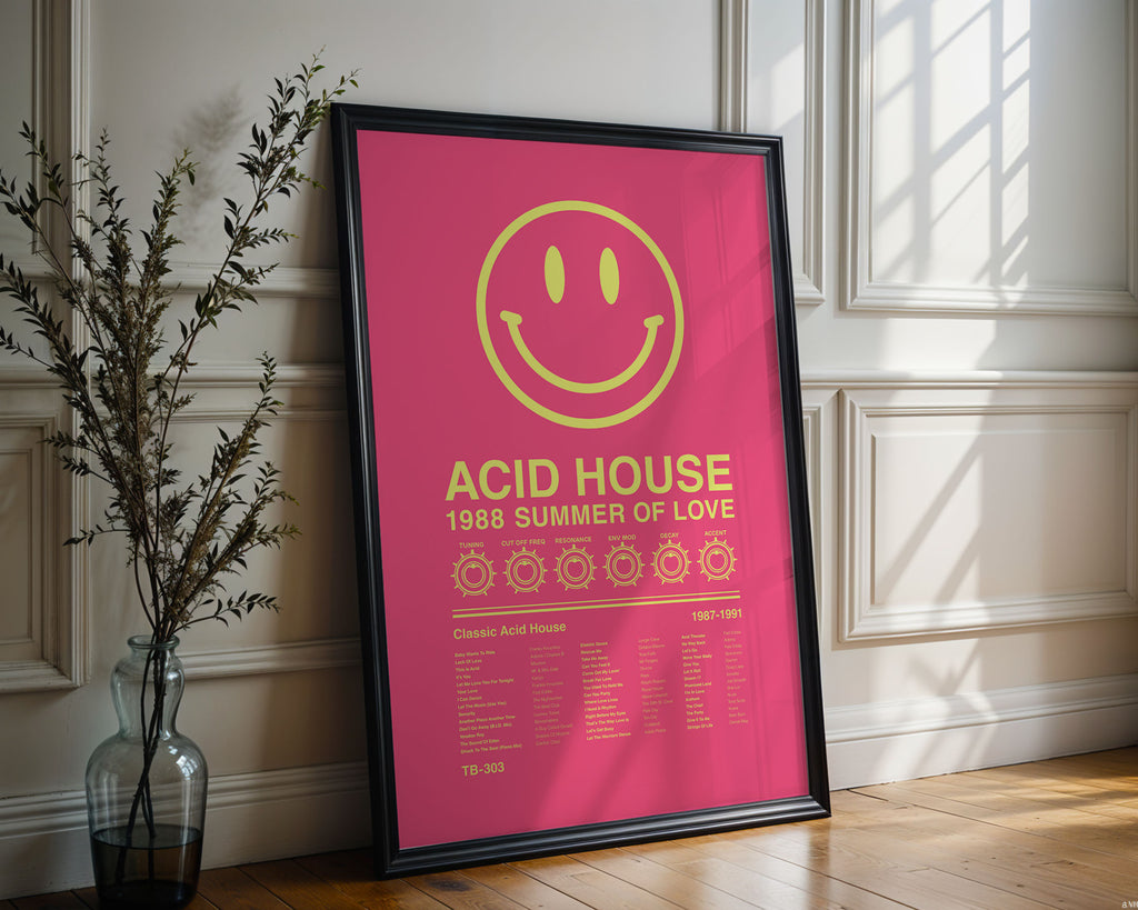 Acid House Smiley Face music print in a black frame leaning against an ornate white wall with bright natural reflections and clean window shadows. Suitable for A1, A2 and A3 sizes. Electric pink background with acid yellow text (Mockup M07).