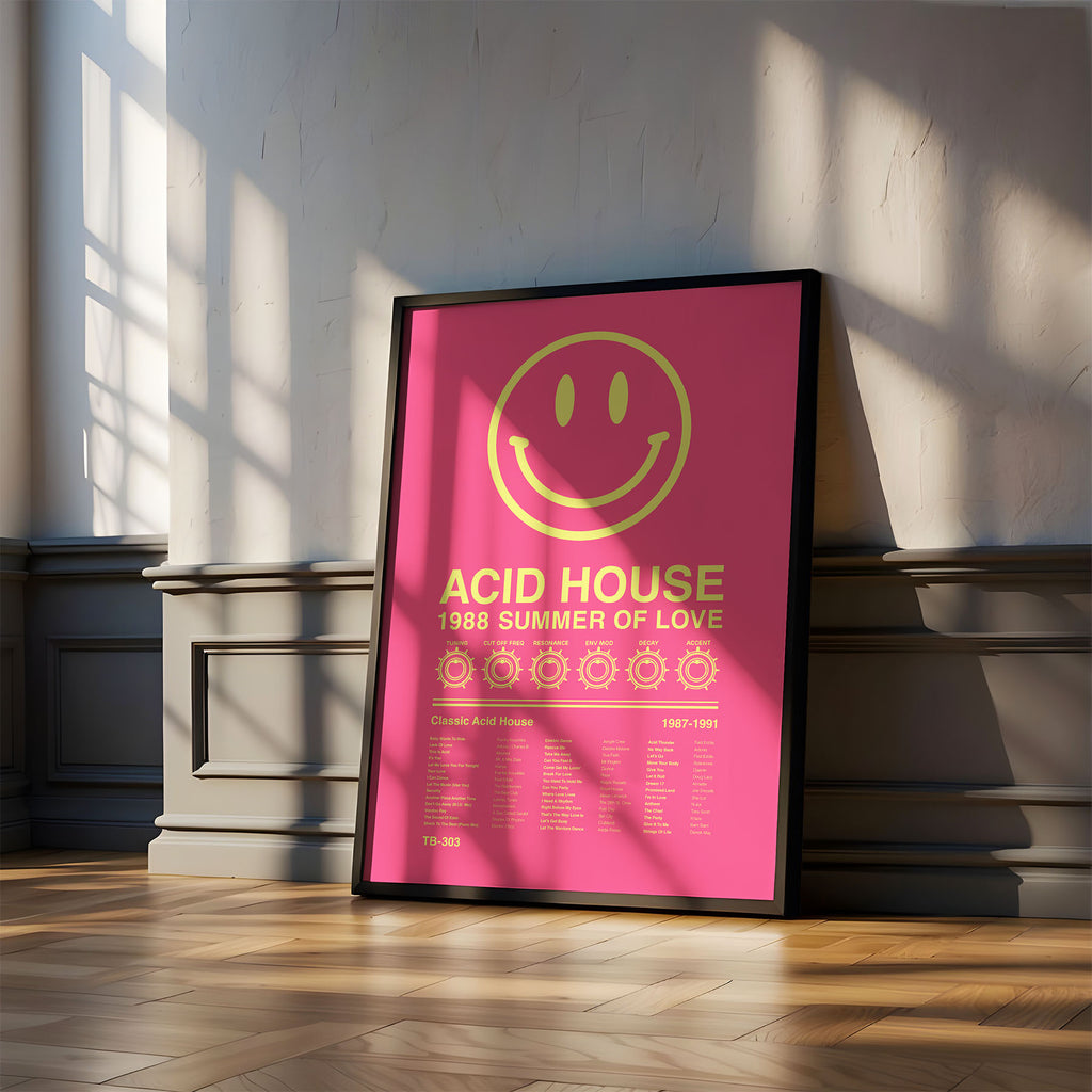 Acid House Smiley Face music print in a black frame leaning on a white wall with tall grey skirting and angled natural window shadows across the background. Suitable for A1, A2 and A3 sizes. Electric pink background with acid yellow text (Mockup M11).