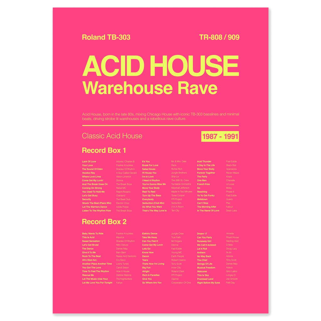 Acid house warehouse rave music print in electric pink celebrating underground rave culture and electronic dance music