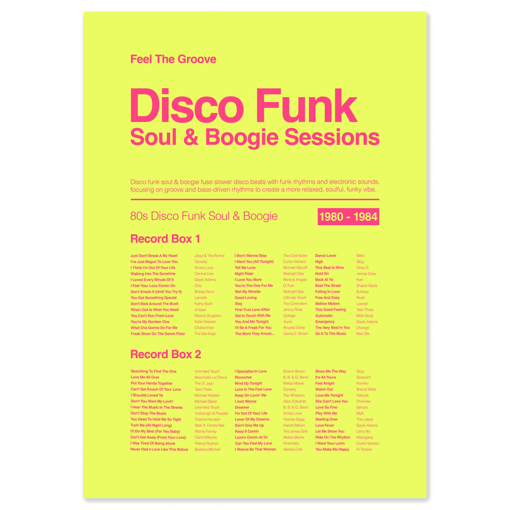 Disco funk and soul music print in acid yellow celebrating groove-led dance music from the late 70s and early 80s
