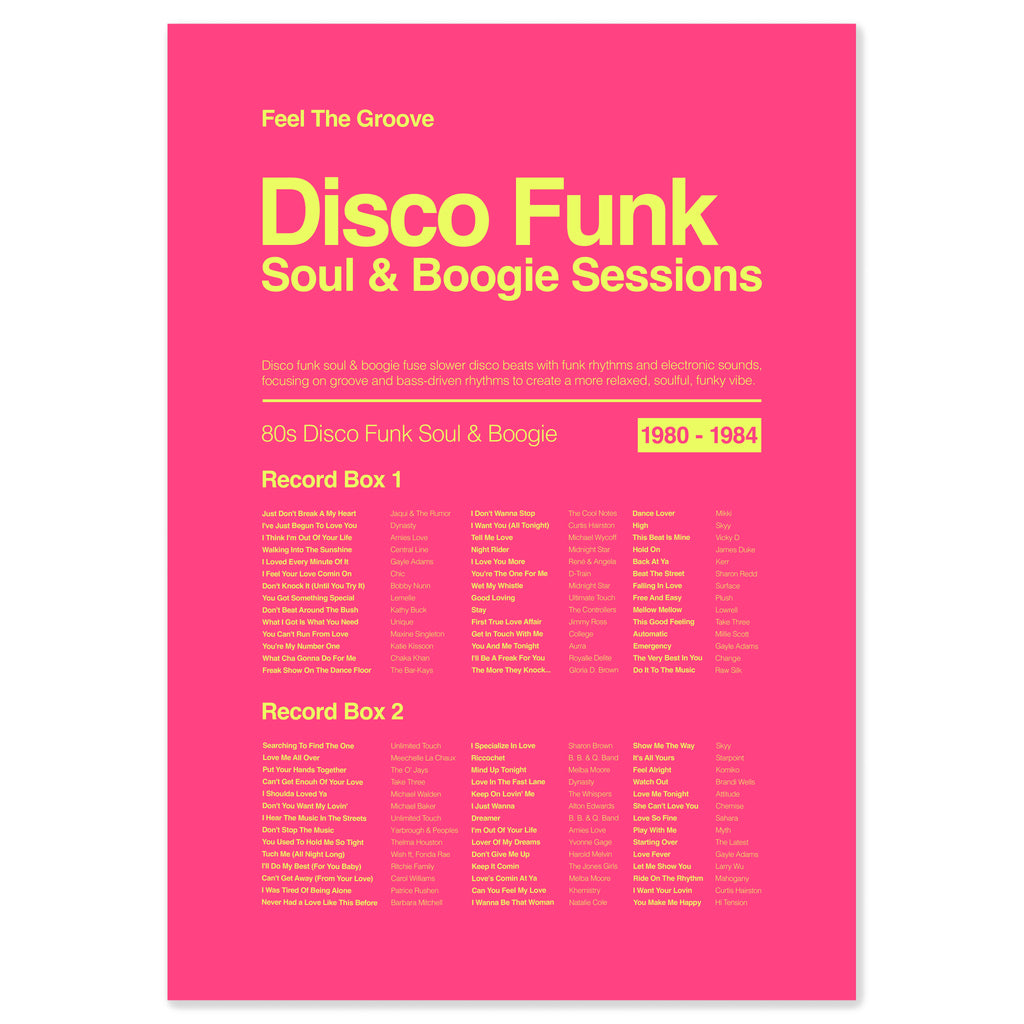 Disco funk and soul music print in electric pink inspired by classic boogie, funk, and soulful dance floor grooves