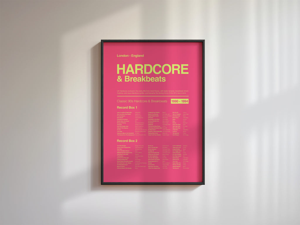 Hardcore Rave music print in a black frame on a white wall with diagonal window shadows adding strong contrast. Suitable for A1, A2 and A3 sizes. Electric pink background with acid yellow text (Mockup M03).