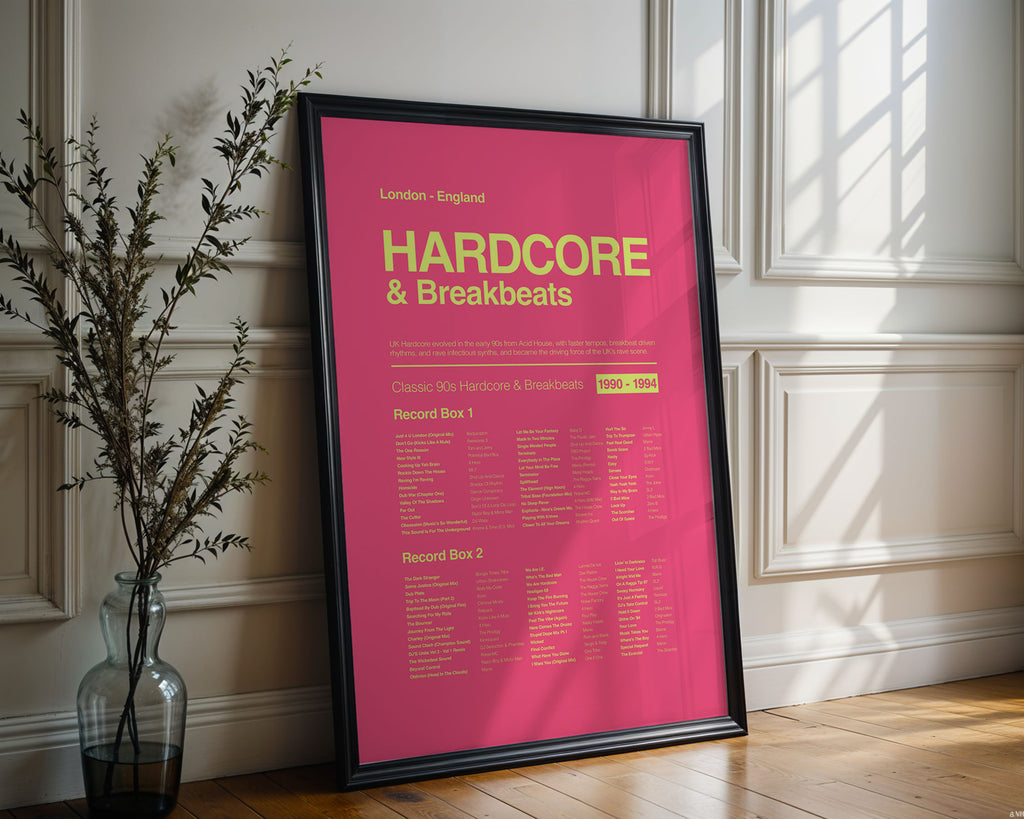 Hardcore Rave music print in a black frame leaning against an ornate white wall with bright reflective highlights and natural shadows. Suitable for A1, A2 and A3 sizes. Electric pink background with acid yellow text (Mockup M07).