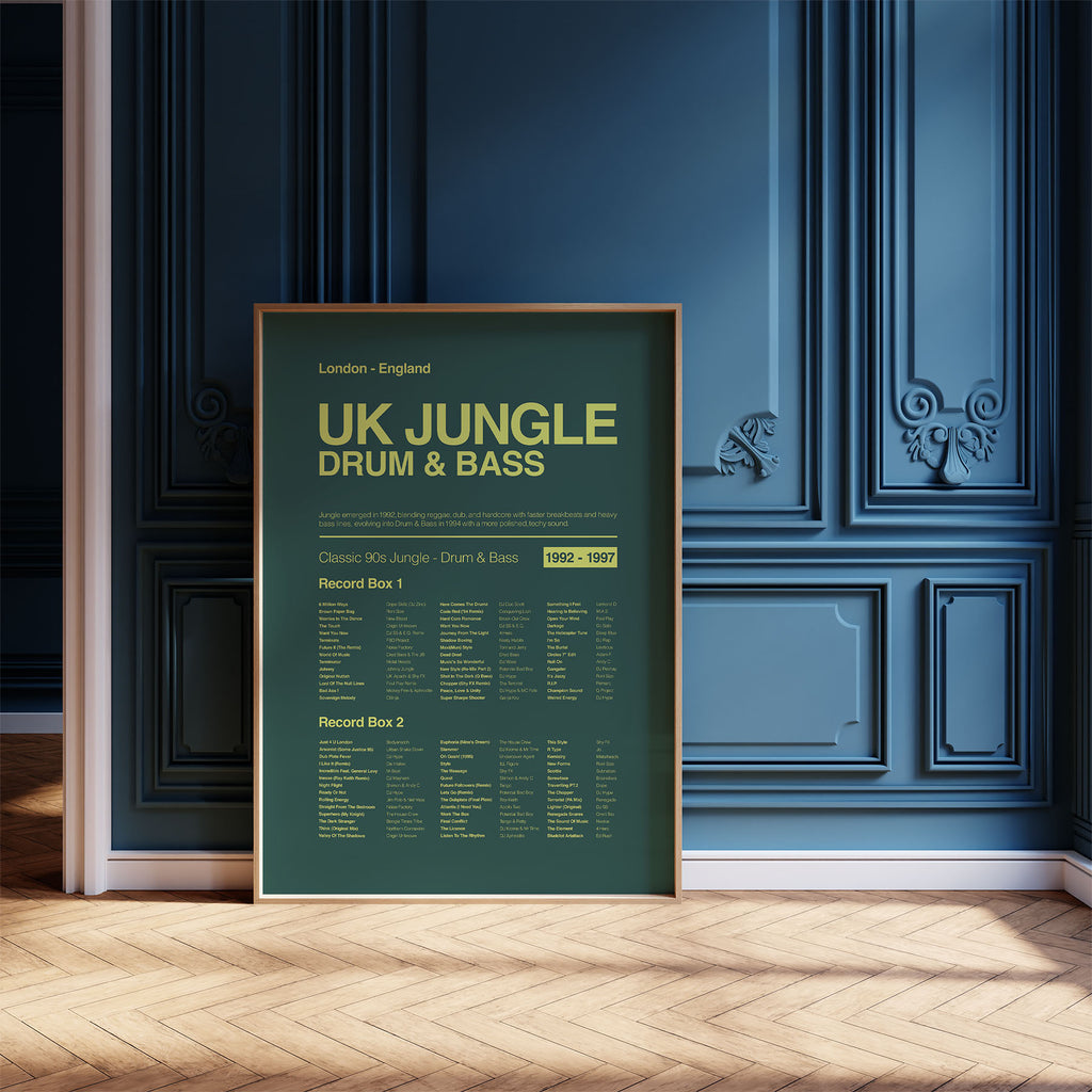 Jungle Drum and Bass music print in a pine frame leaning against a navy ornate wall with bright natural light. Suitable for A1, A2 and A3 sizes. Green background with acid yellow text (Mockup M01).