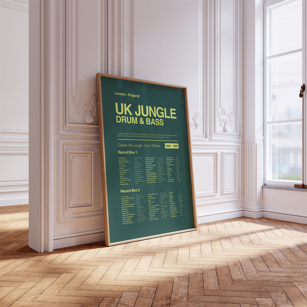 Jungle Drum and Bass music print in a pine frame leaning against a navy ornate wall with bright natural light. Suitable for A1, A2 and A3 sizes. Green background with acid yellow text (Mockup M01).