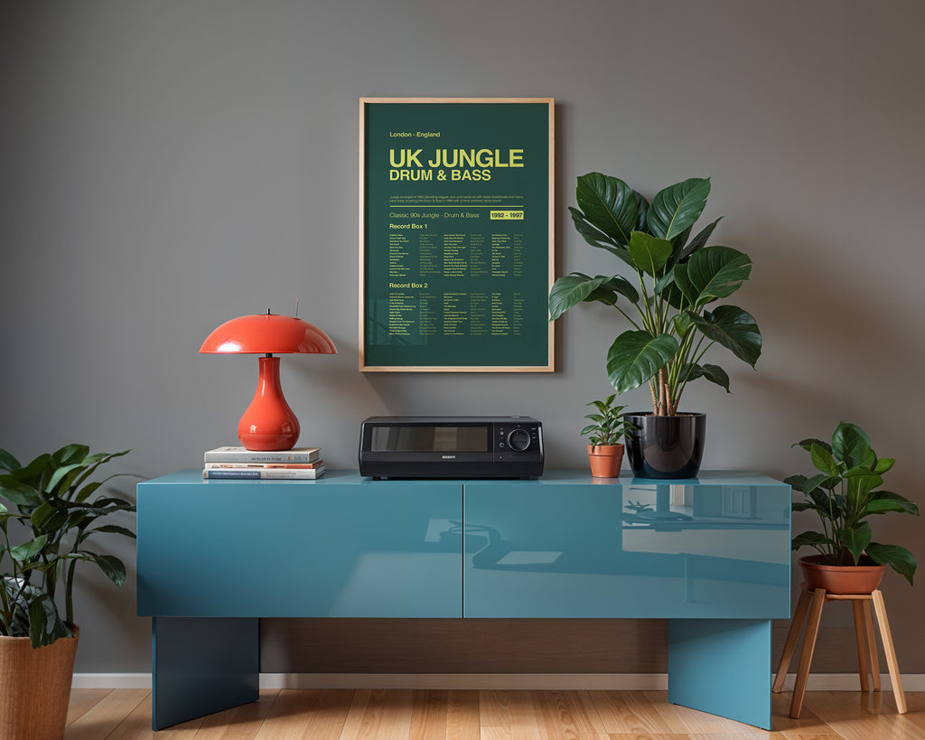 Jungle Drum and Bass music print in a black frame mounted on a grey wall above a blue sideboard with subtle natural reflections on the frame glass. Suitable for A1, A2 and A3 sizes. Green background with acid yellow text (Mockup M06).