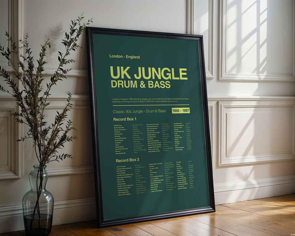 Jungle Drum and Bass music print in a black frame leaning against a decorative white wall with natural reflections and soft shadows. Suitable for A1, A2 and A3 sizes. green background with acid yellow text (Mockup M07).