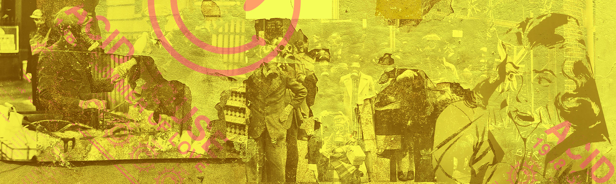 London Print Works Retro Music Prints abstract banner featuring retro dance music prints and music-inspired T-shirts, Sweatshirts, and Hoodies coloured Acid Yellow, black and Electric Pink images.